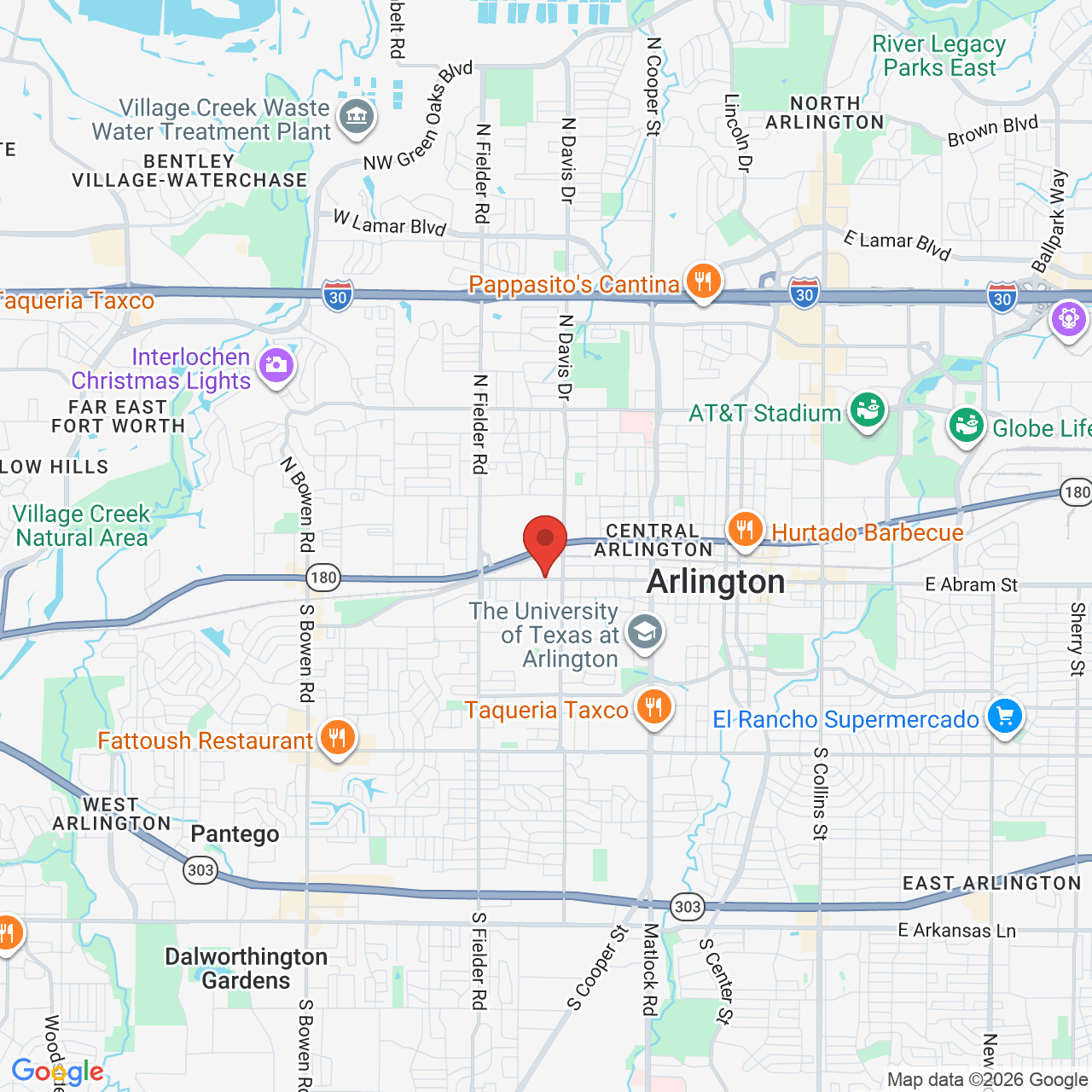 Google map image of our location in 1309 W Abram Street Arlington, TX