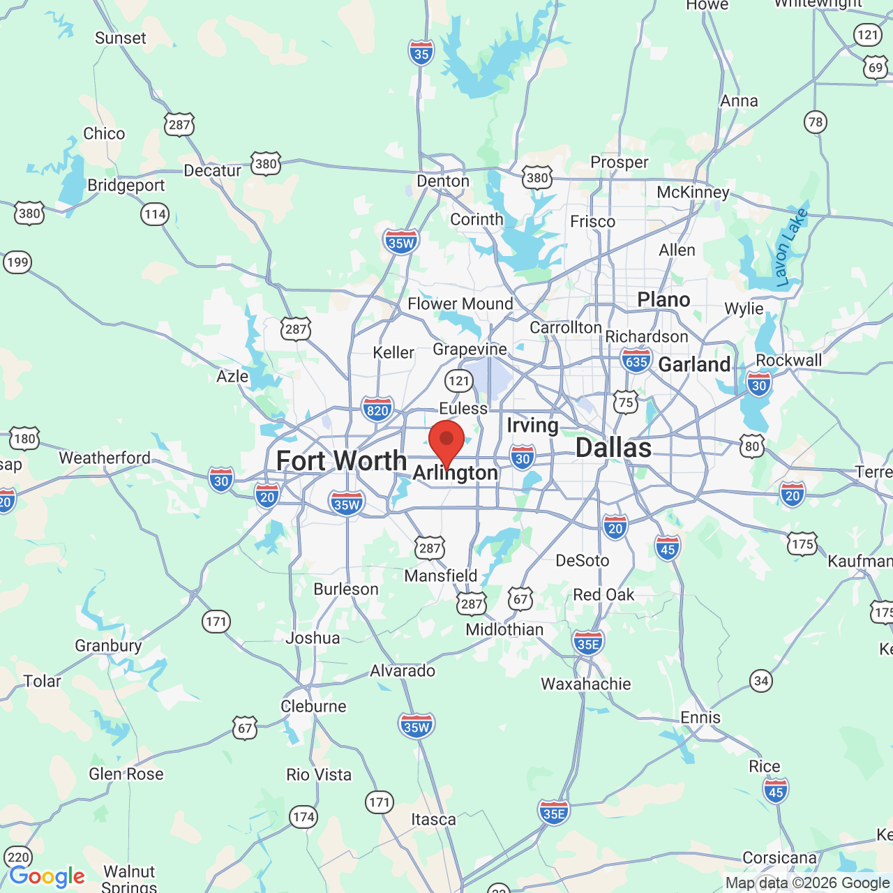 Google map image of our location in 1309 W Abram Street Arlington, TX